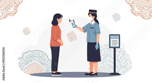 Health worker checks temperature with infrared thermometer at museum entrance, COVID-19 prevention