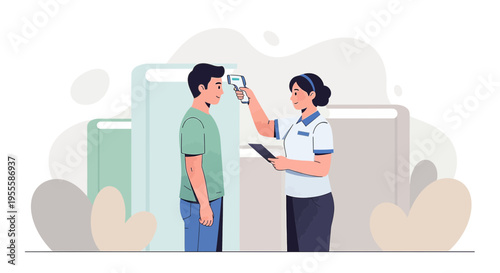 Health worker measures man's temperature with infrared thermometer, screening for illness