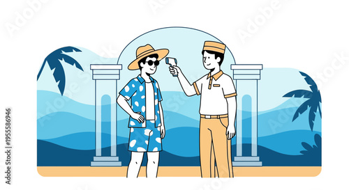 Health screening at tropical resort entrance: temperature check for tourists