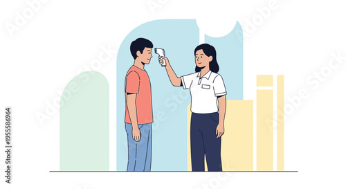 Health worker measures temperature of man with infrared thermometer, COVID-19 screening