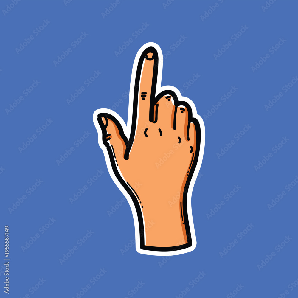 Obraz premium Cartoon Pointing Hand Sticker Illustration With Raised Index Finger Gesture On Blue Background