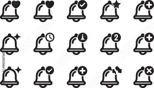 Outline notification bell vector set with star heart check and numeric badge variations