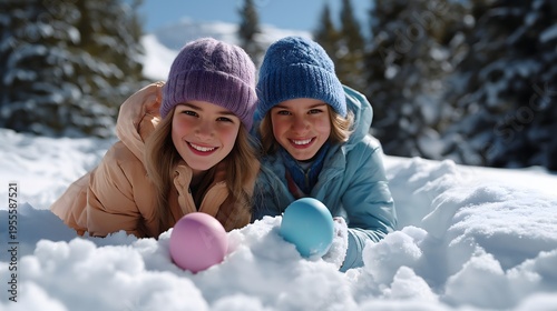 Two girls standing on snow holding colorful Easter eggs cheerful winter scene