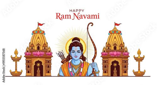Illustration of Lord Rama in a traditional Indian setting with temples and lamps, celebrating Ram Navami, a significant Hindu festival.