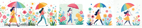 vector woman walking with umbrella in spring
