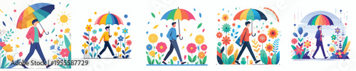 vector man walking with umbrella in spring