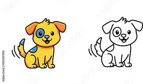 Cute Cartoon Dog Illustration and Coloring Page Set for Kids, Kawaii Yellow Puppy with Blue Spots, Vector Puppy Character Sitting and Wagging Tail, Education Activity Sheet for Children