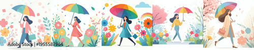 vector woman walking with umbrella in spring