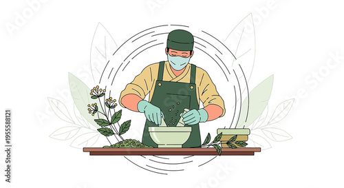 Herbalist preparing natural remedies, mixing herbs in bowl, wearing mask and gloves