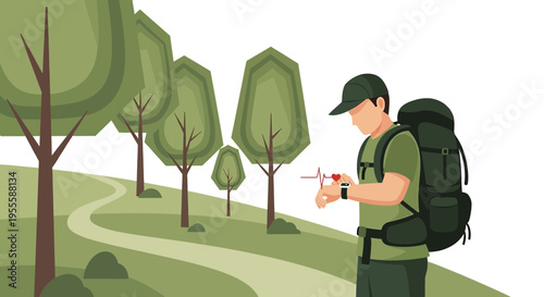 Hiker checking smartwatch on scenic trail, surrounded by lush green trees and winding path.