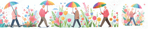 vector grandfather walking with umbrella in spring