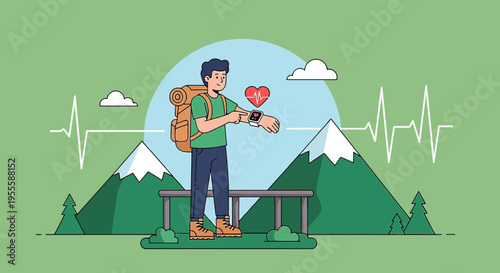 Hiker checks smartwatch for heart rate monitoring during mountain trek, health tracking