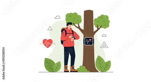 Hiker checking smartwatch with heart rate monitor in forest, healthy lifestyle concept