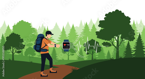 Hiker checks smartwatch for heart rate and health data on forest trail