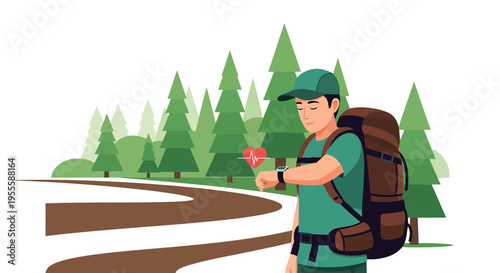 Hiker checks smartwatch on forest trail, heart rate monitor active