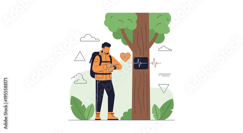 Hiker checks smartwatch near tree with health monitor display, nature technology