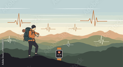Hiker checks smartwatch with heart rate monitor on mountain peak, ECG lines symbolize health and fitness