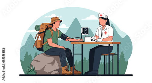 Hiker gets blood pressure checked by nurse in mountainous landscape