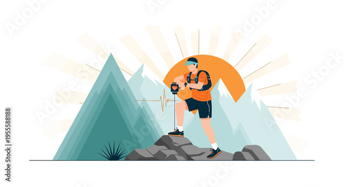 Hiker Reaching Mountain Summit at Sunrise with GPS Device