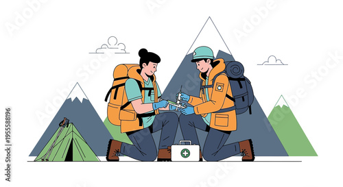 Hikers providing first aid in mountains, mountain rescue, survival, teamwork, emergency help