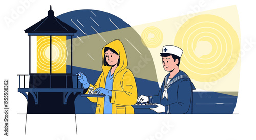 Lighthouse keeper and sailor in rain, guiding ships with light