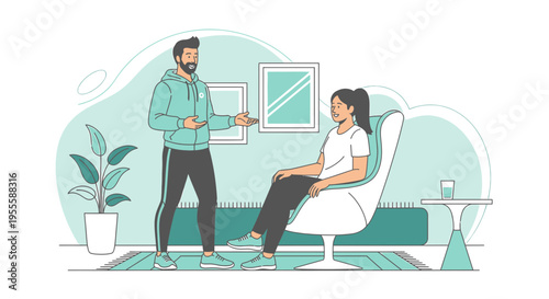 Man and woman talking in a modern living room, wellness consultation, healthy lifestyle
