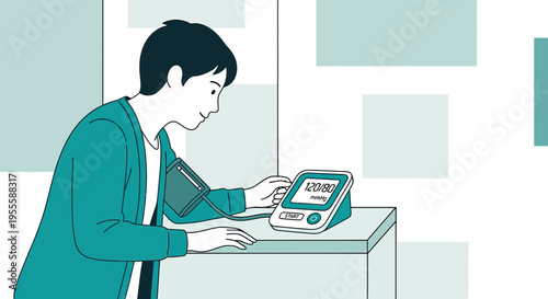 Man checking blood pressure at home with digital monitor, health checkup