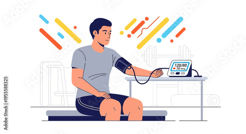 Man checking blood pressure at gym, fitness and health monitoring concept