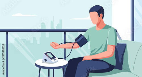 Man checking blood pressure at home on balcony with city view