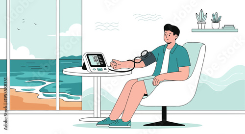 Man checking blood pressure at home with ocean view, healthy lifestyle concept