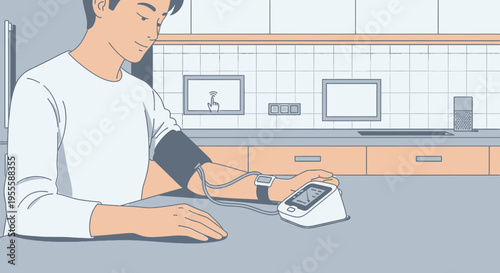 Man checking blood pressure at home, health monitoring, medical device