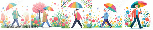 vector grandfather walking with umbrella in spring