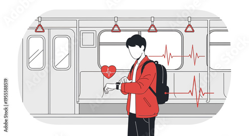 Man checking smartwatch on subway, heart rate monitor, health tracking, urban commute