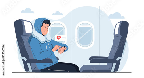 Man checking smartwatch with heart rate on airplane seat, travel health monitoring