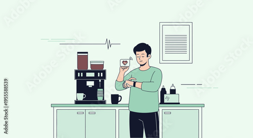 Man checking smartwatch while coffee machine brews, heart icon on screen