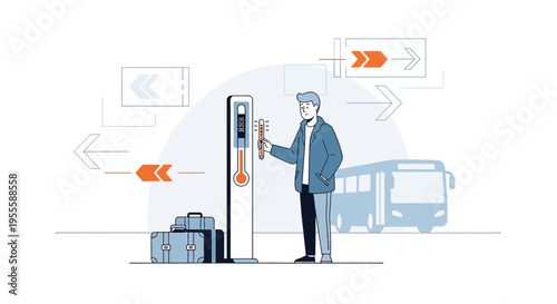 Man checking temperature at bus station with luggage, travel concept