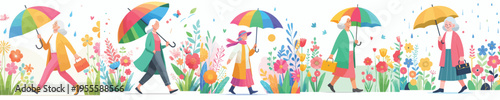 vector grandmother walking with umbrella in spring