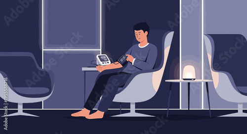 Man checks blood pressure at home, modern living room, health monitoring concept