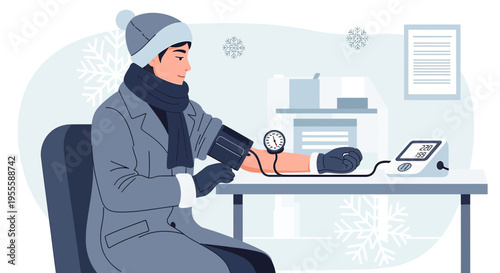 Man checks blood pressure in winter, cold weather health, medical checkup