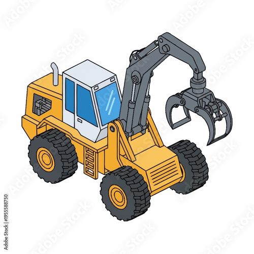 Heavy-duty yellow log loader with grapple attachment for forestry operations.