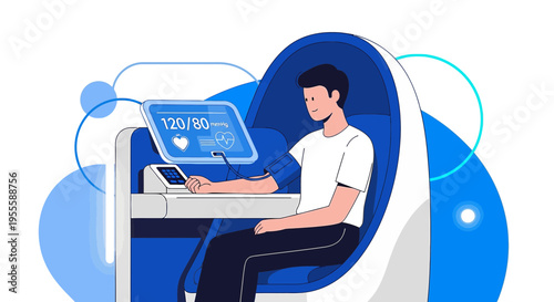 Man checks blood pressure on advanced medical device, futuristic health monitoring