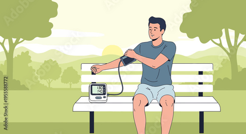 Man checks blood pressure on bench in park with sunrise background