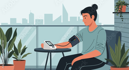 Man checks blood pressure on balcony with city view, health monitoring at home