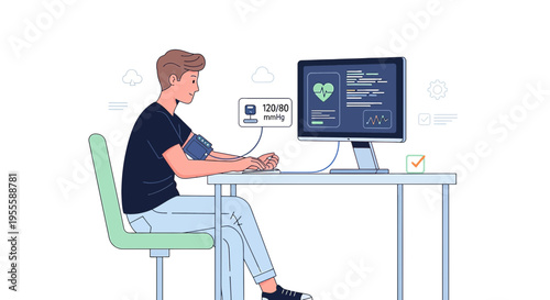 Man checks blood pressure on computer screen, medical technology concept