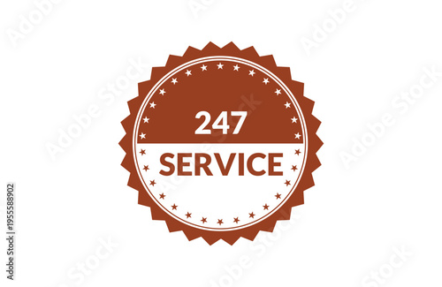 A brown circular badge with white text indicating a twenty four seven service availability emblem Vector, illustration Stamp Icon.