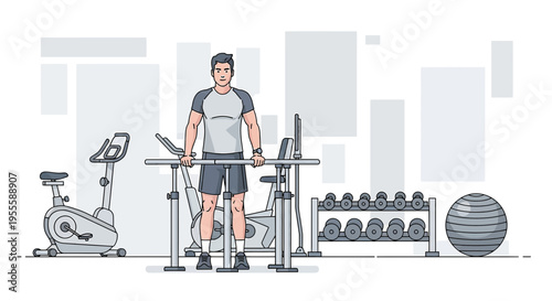 Man Exercising in Home Gym with Cardio and Weight Equipment