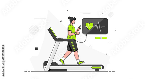Man exercising on treadmill with heart rate monitor and health data on screen