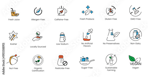 Vegan and plant-based nutrition vector line icon set, containing non-dairy, GMO-free, pesticide-free, and organic certification badges for healthy food, beverage, and cosmetic packaging design.