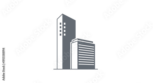 Minimalist graphic depiction of two modern urban skyscrapers on a bright white background