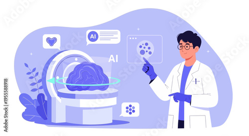 AI analyzes brain scan in futuristic medical lab, doctor points to data